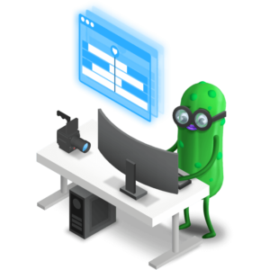 cartoon pickle working on a computer