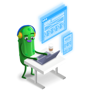 cartoon pickle working on a laptop